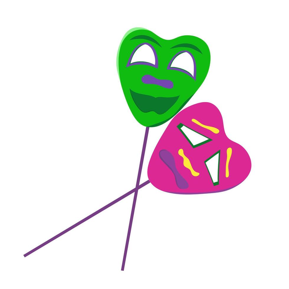 image of different color masks on a stick for Mardi Gras carnival. Colored logo of clothing element for party. vector