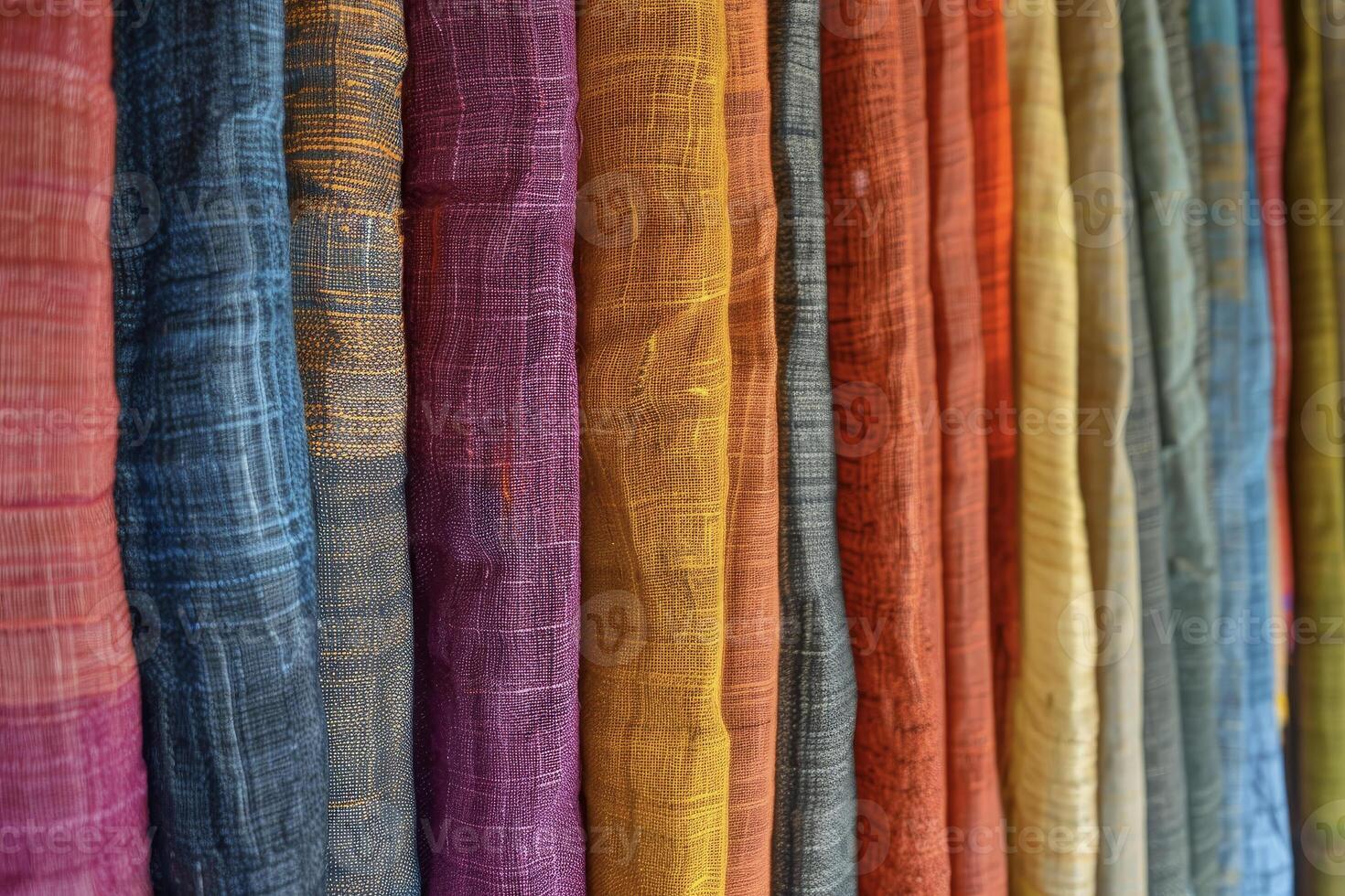 A row of colorful fabric hanging on a wall photo