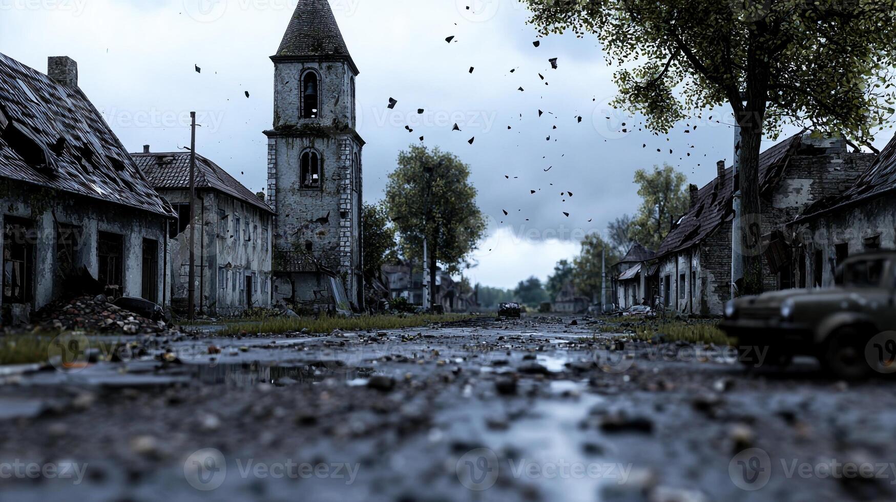 A desolate town with a church and a car photo