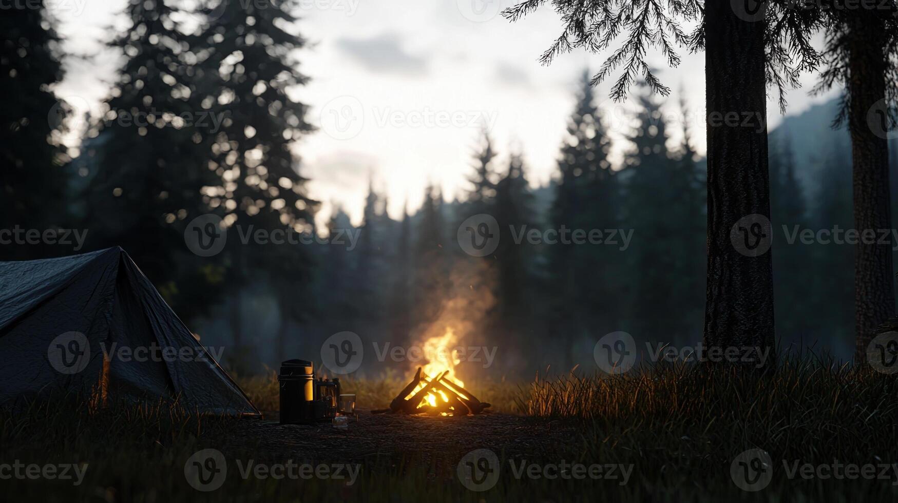 A campsite with a tent and a fire photo
