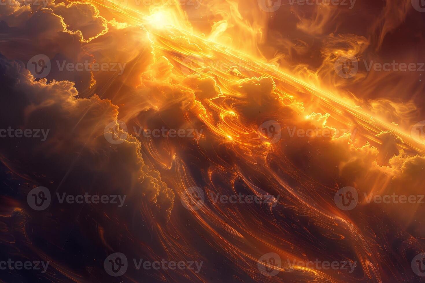 A space scene with a bright sun and orange clouds photo
