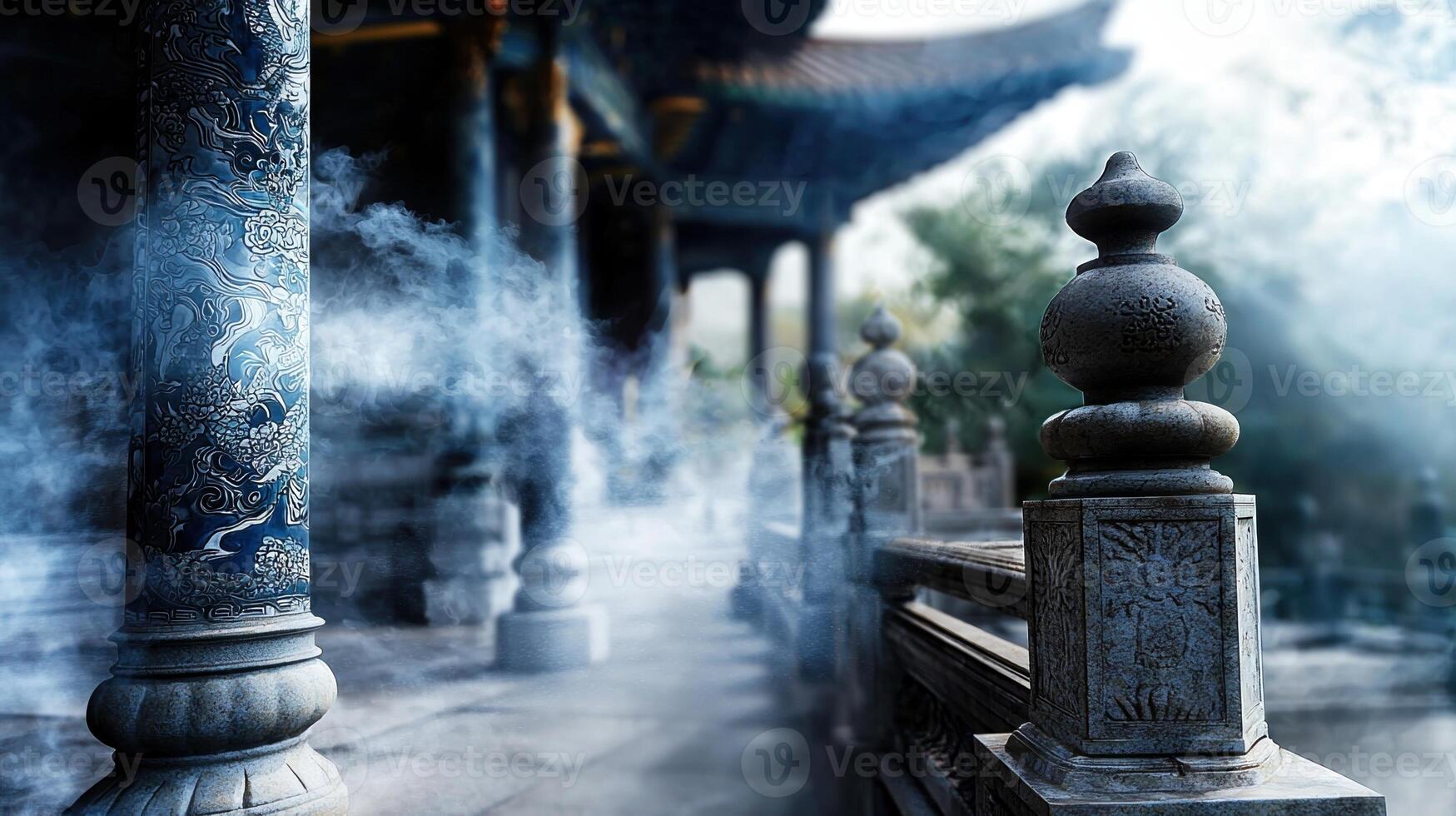 A foggy, misty atmosphere surrounds a stone pillar photo