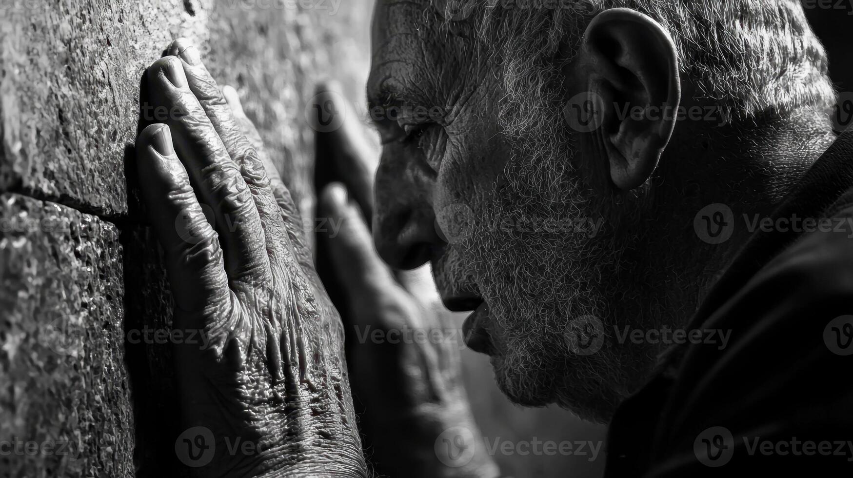 An old man is touching his hands to the wall photo