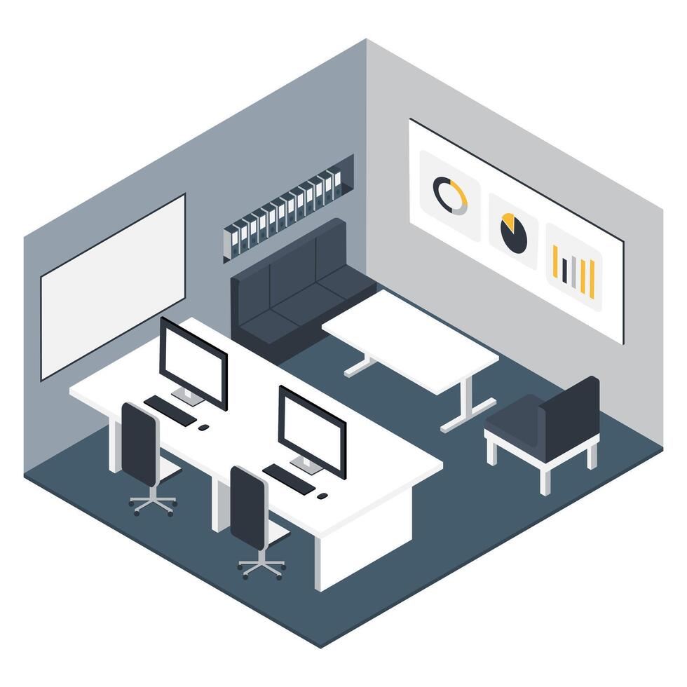 Modern office workspace with desks, computers, charts, and business meeting area vector