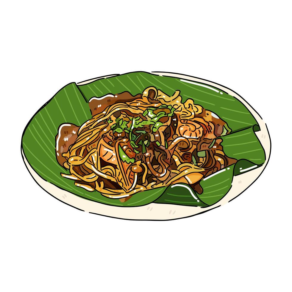 aceh traditional noodle food mie aceh on a plate herbs and spices Illustration with isolated white background vector