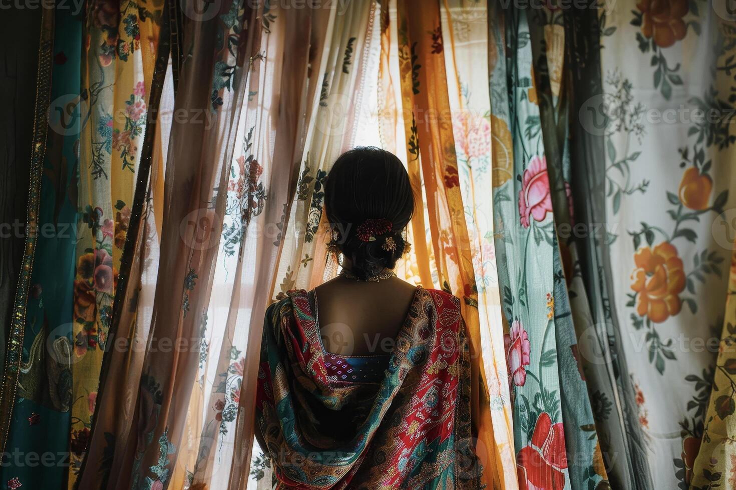 A woman in a colorful dress standing in front of curtains photo