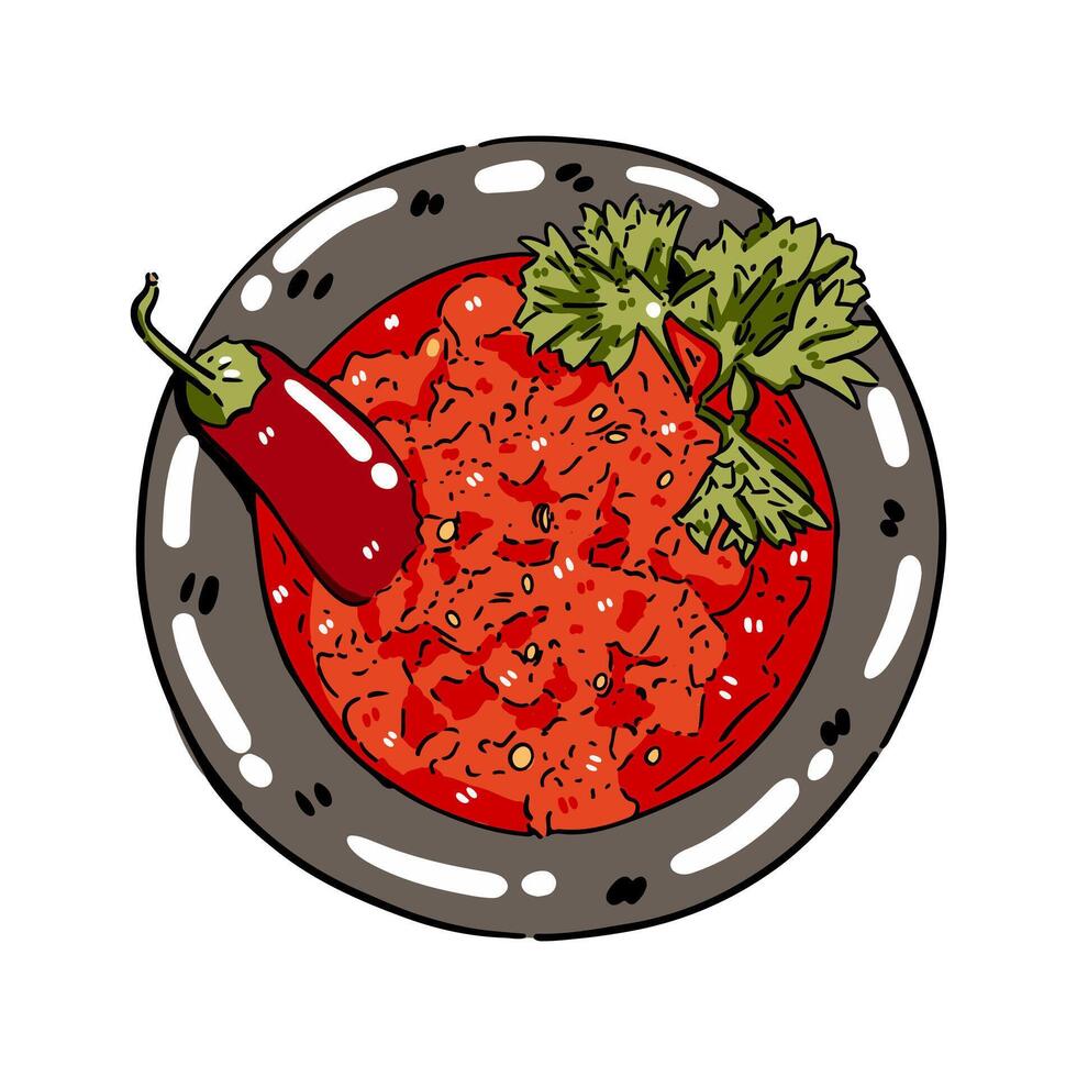 red spicy chili sauce with celery on stone mortar herbs and spices Illustration with isolated white background vector