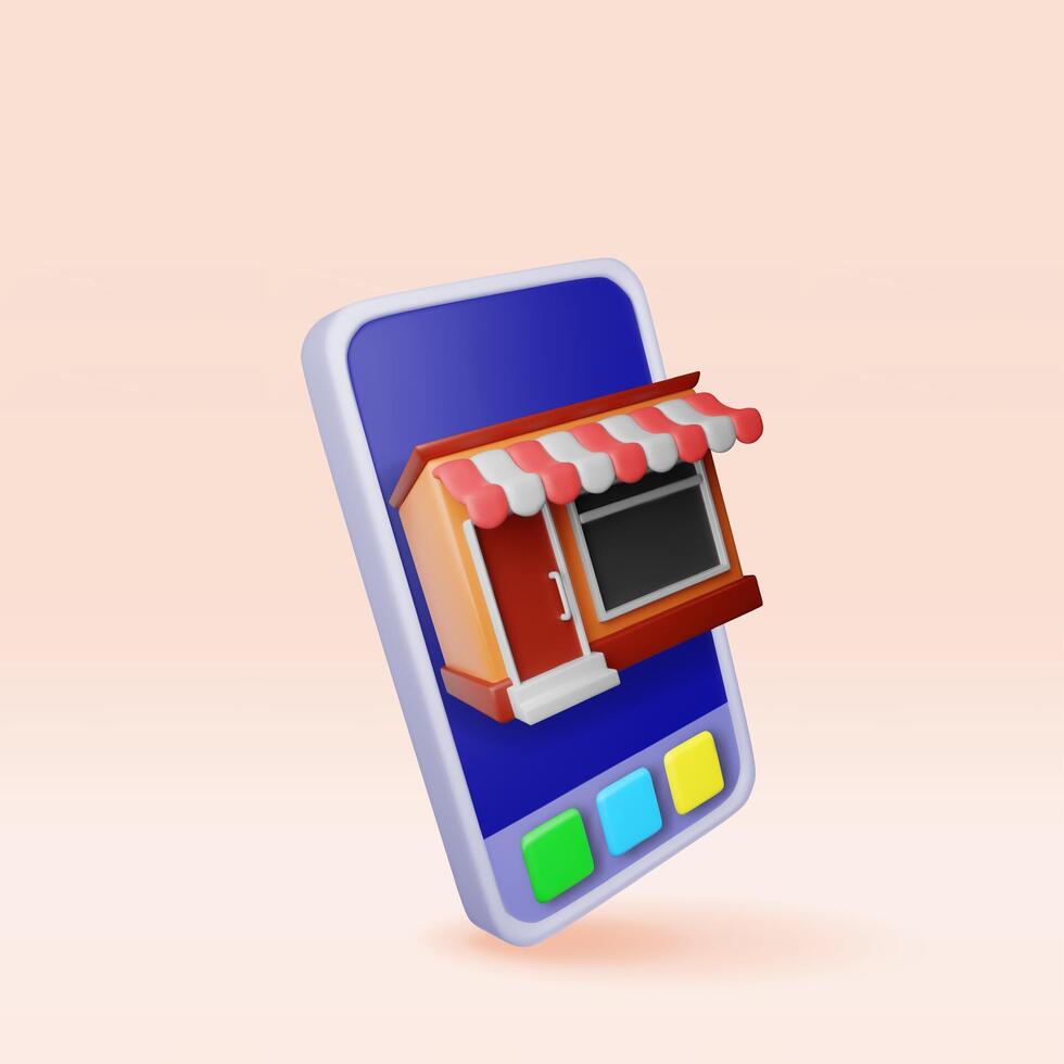 3D striped awning shop in smartphone. Render online store building in phone. Online order, marketplace and delivery. Commercial property market or supermarket. vector