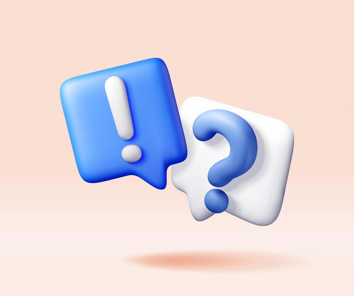 3d question and exclamation marks in speech bubble. Render questions exclamations symbol. Thin realistic vector