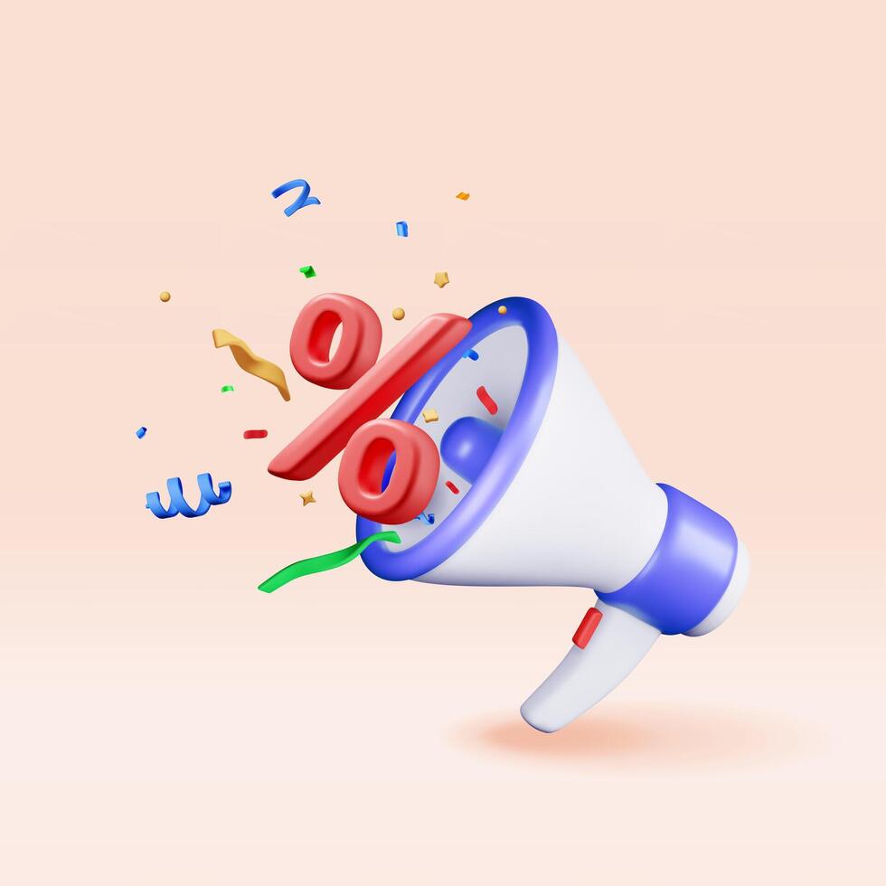 3D megaphone and percent symbol in confetti. Render megaphone with percentage icon. Sale, discount or clearance. Online or retail shopping symbol, black friday. vector