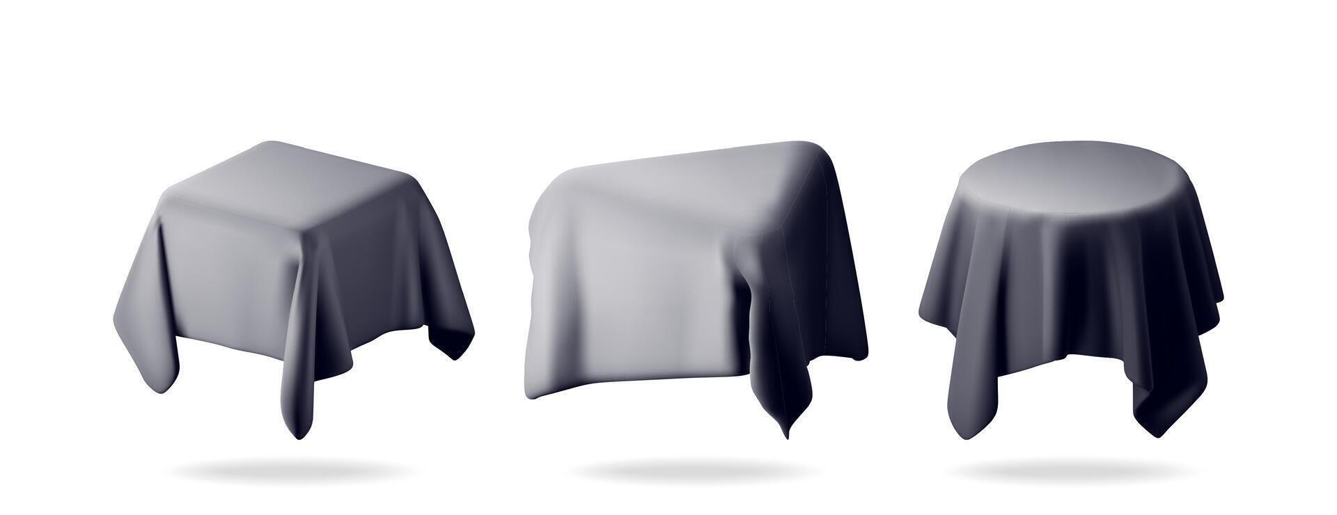 3D draped tables with cloth covers in various shapes isolated. Render stage with dark cloth mockup. Valentine day, birthday card, product display presentation advertisement. vector