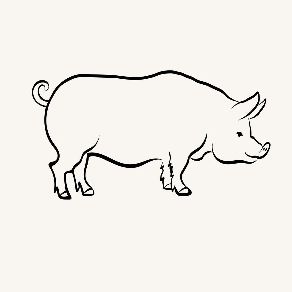 Pig drawing of domestic animal in sketch style on isolated background. Hand drawn piglet in line art style for sign, logo, menu, card, print, paper. Illustration with Boar. Animals and food vector