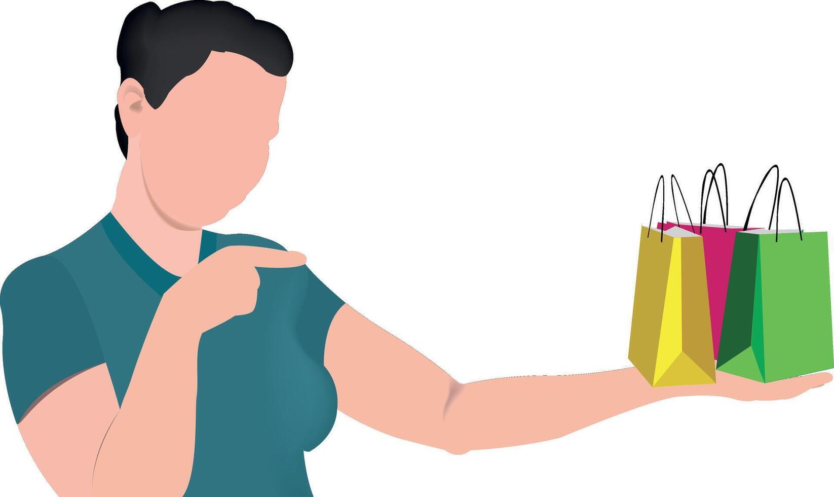 Woman pointing at shopping bags balancing on hand vector