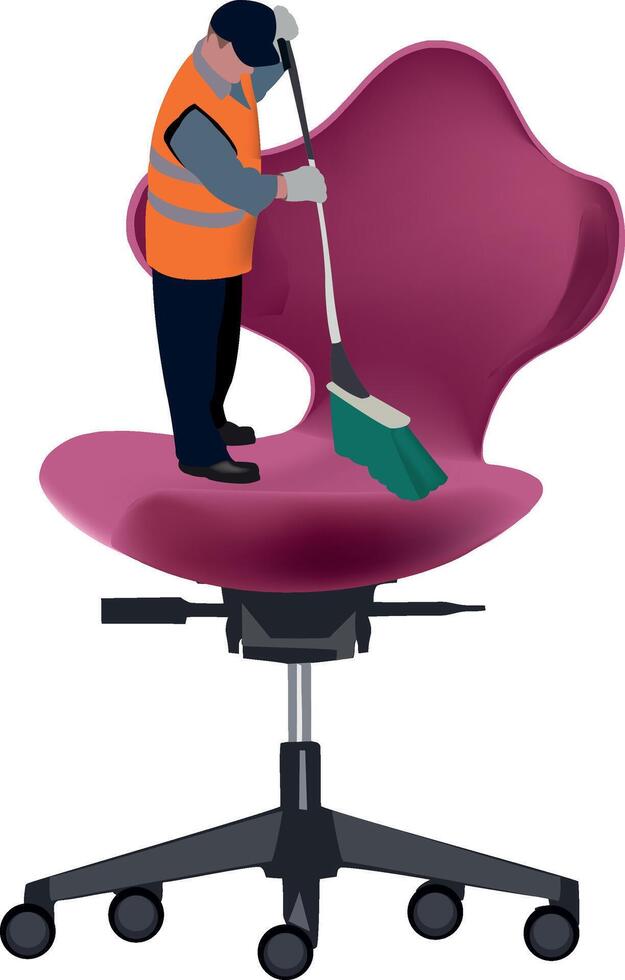 Janitor cleaning giant office chair with broom vector