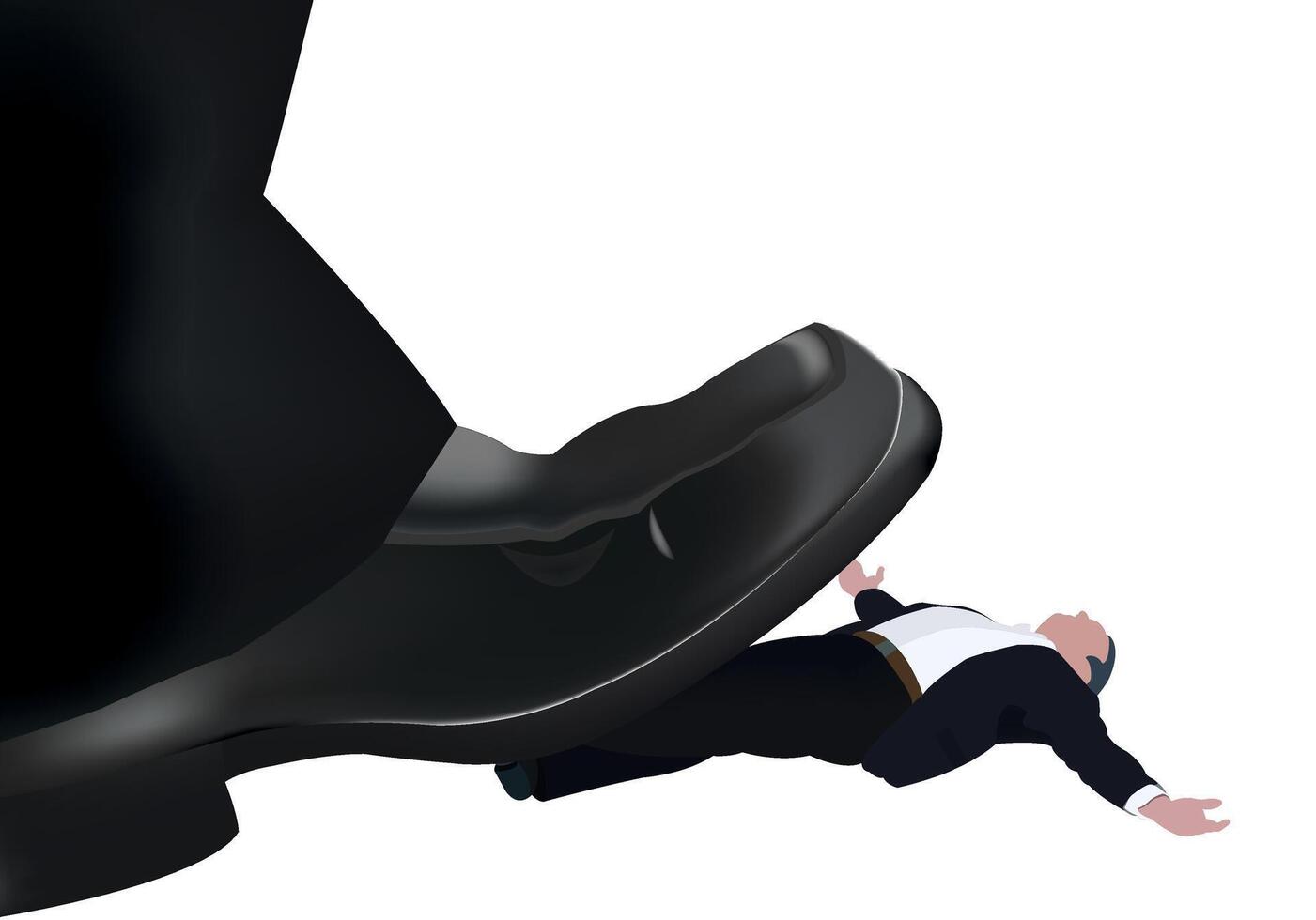 Businessman being crushed under giant foot concept for power abuse vector