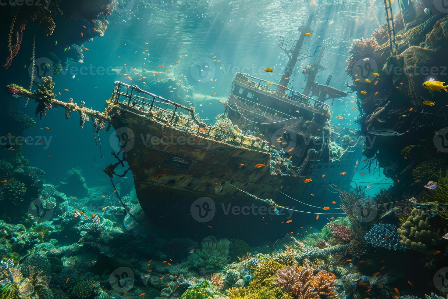 A shipwreck is seen in the ocean with a lot of fish swimming around it photo