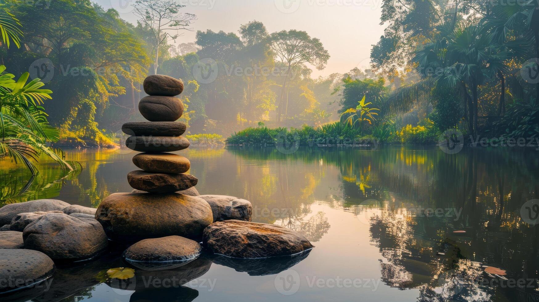 Stacked stones in the river with trees and water photo