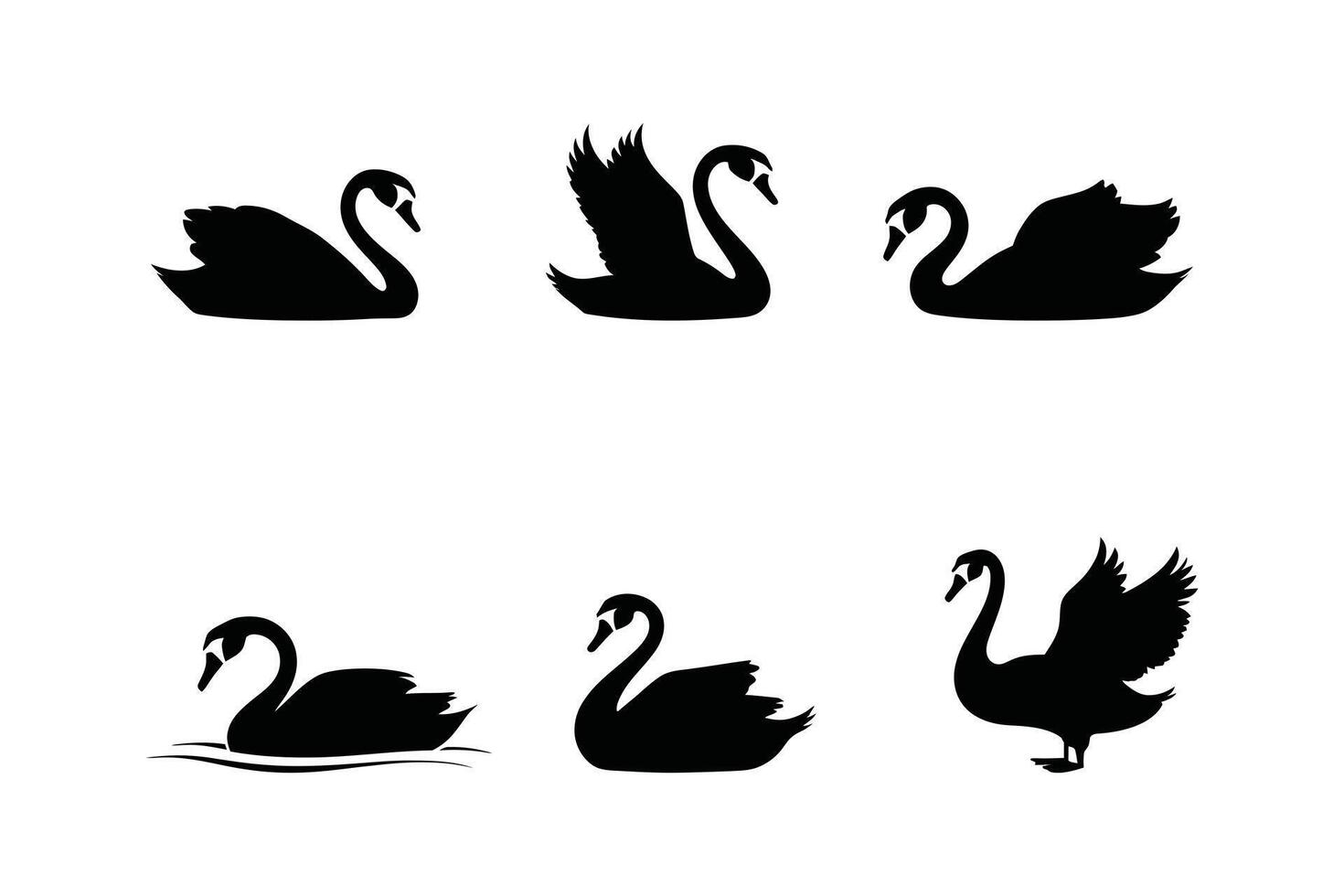Swan Silhouette Set Art in Various Poses on White Background vector