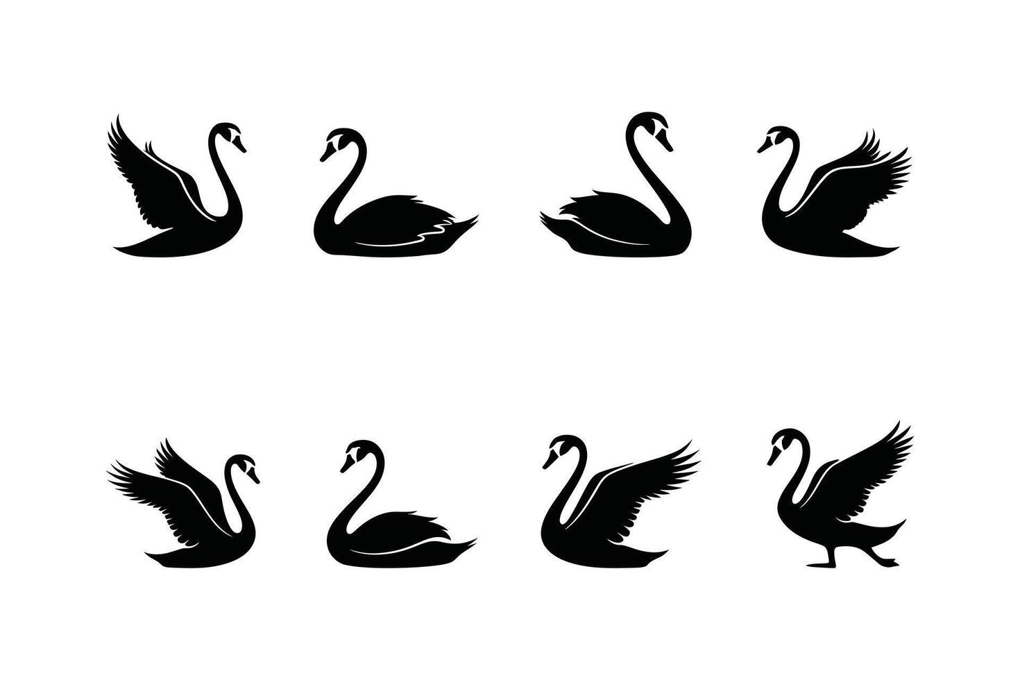 White Swan Silhouette Clipart in Various Poses on Black vector