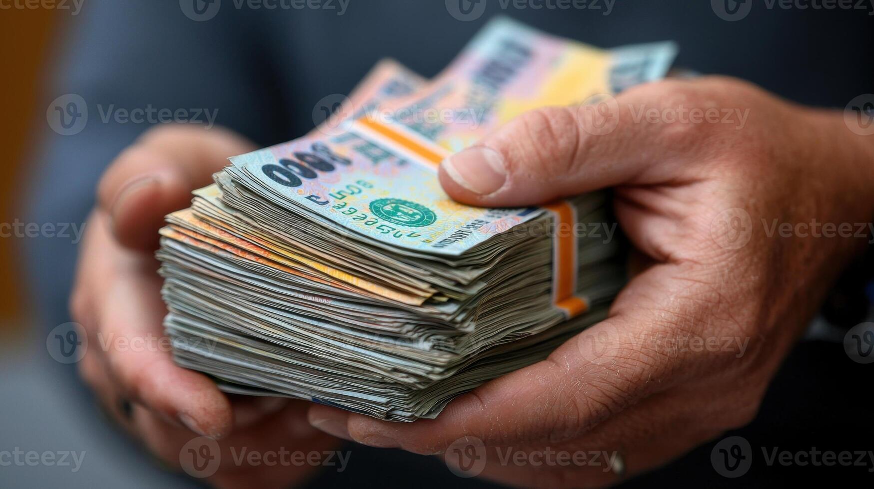 A man holding a bundle of money photo
