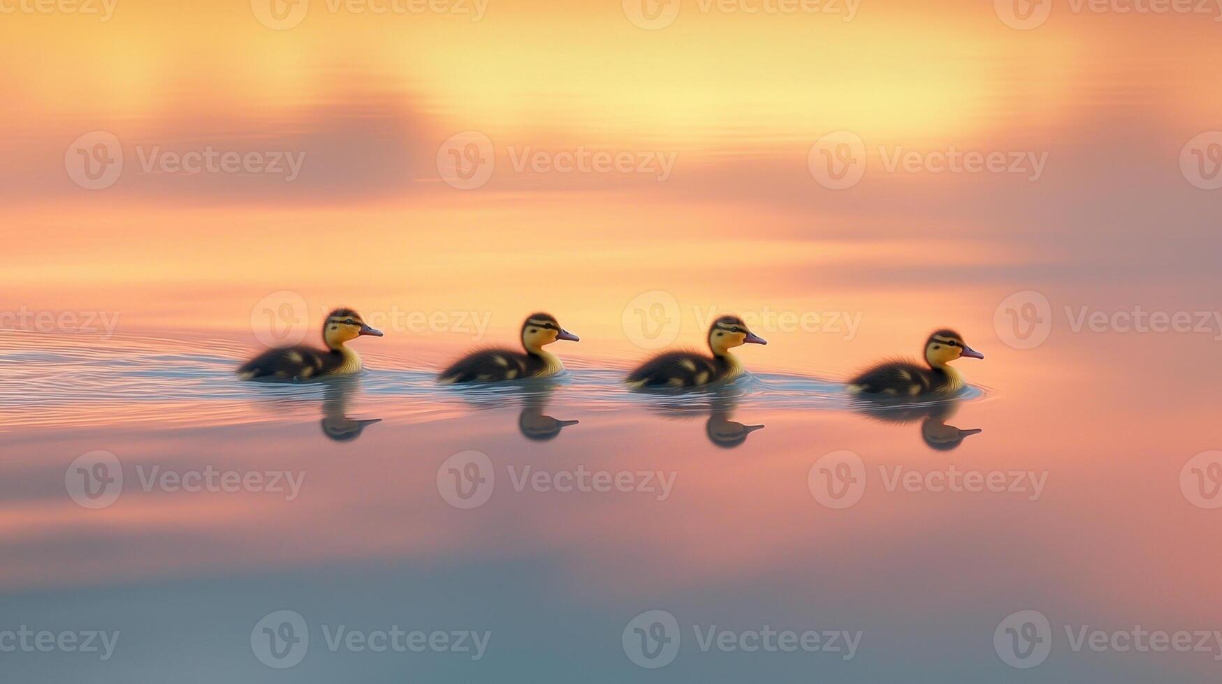 Four ducks swimming in the water at sunset photo