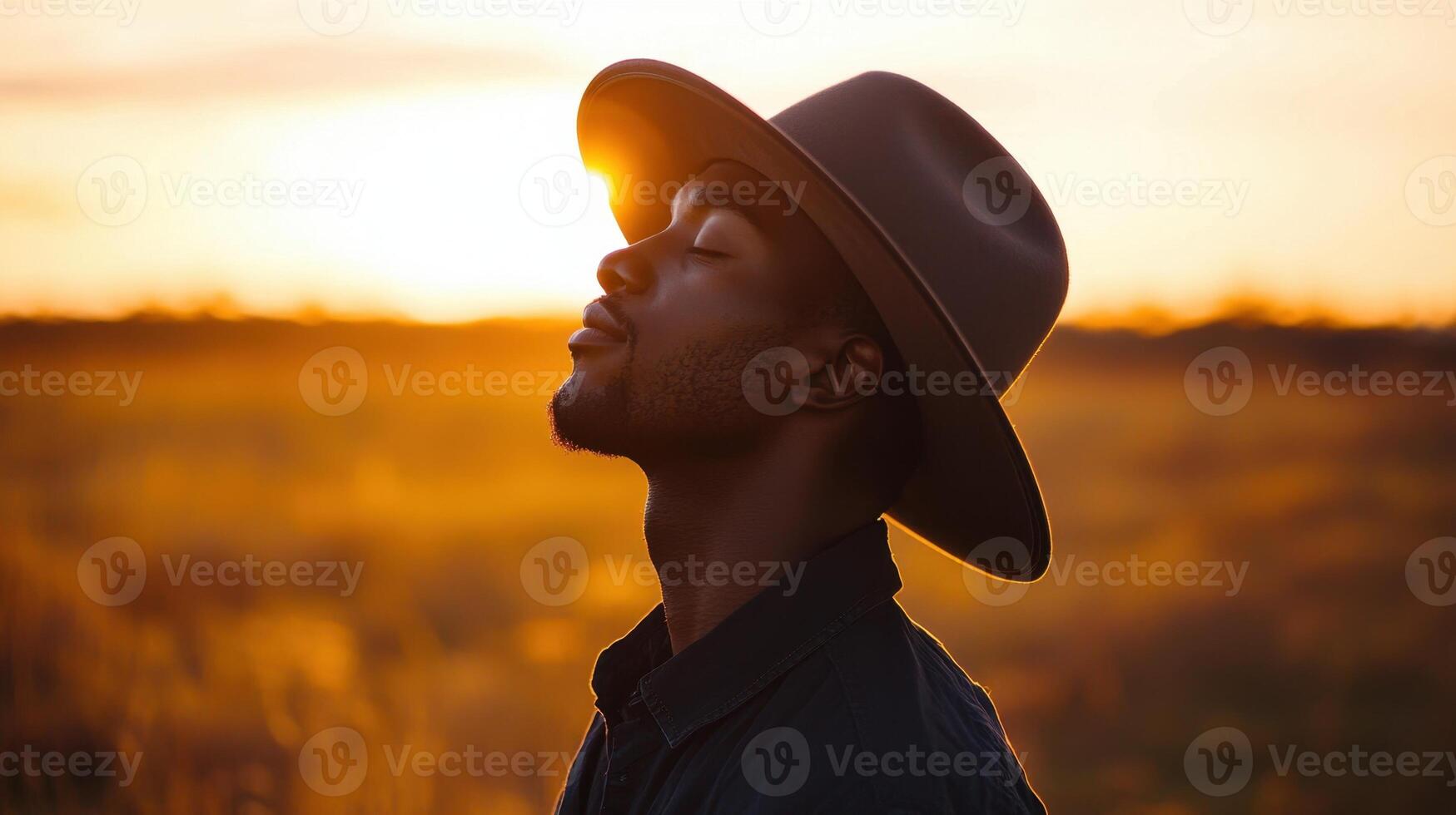 A man stands peacefully in a golden field as the sun sets behind him, wearing a stylish hat. He appears lost in thought, embracing the tranquility of the moment photo