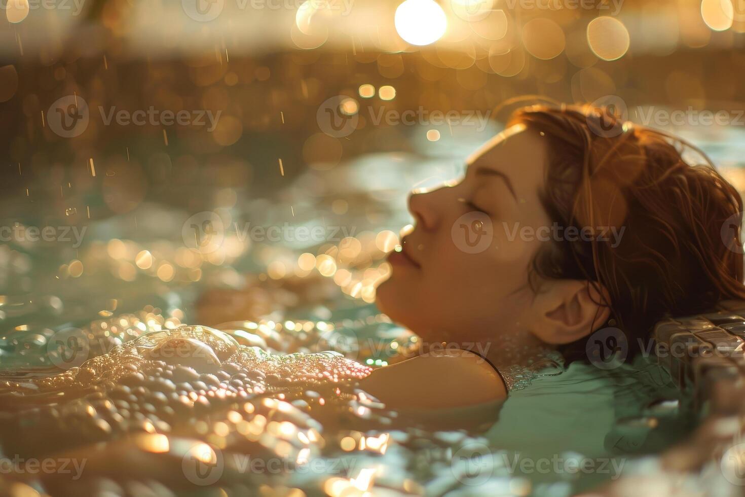 A woman floating in a pool with bubbles photo