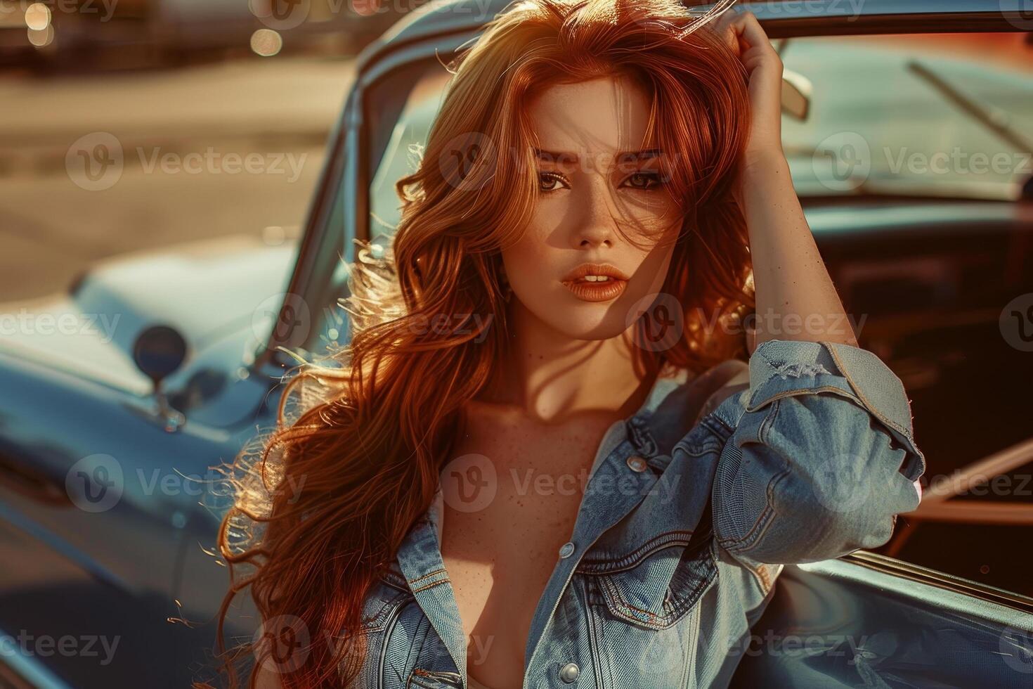 A beautiful redhead woman with long hair sitting in a blue car photo