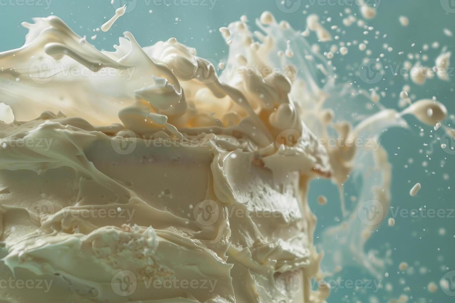 A cake with white frosting is splattered with milk photo