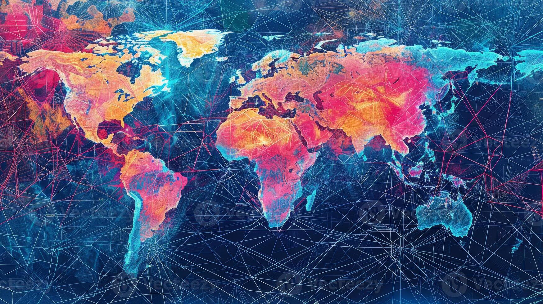 World map with colorful lines and connections photo