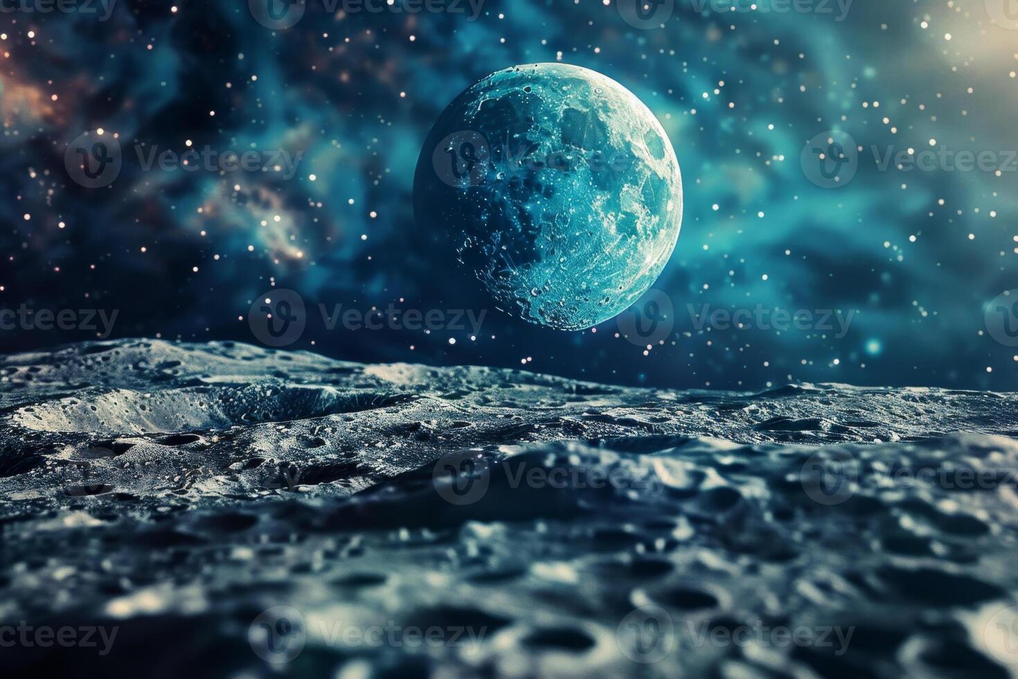 The moon is seen in the distance from the surface of the moon photo