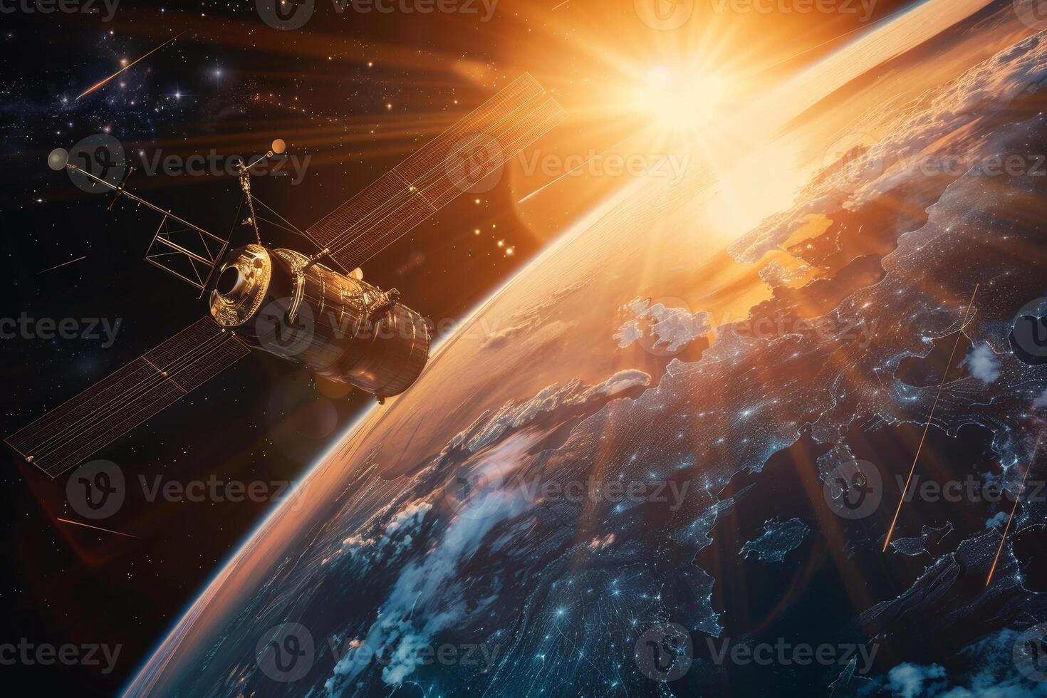 Satellite in orbit over the earth with sun rising in the background photo