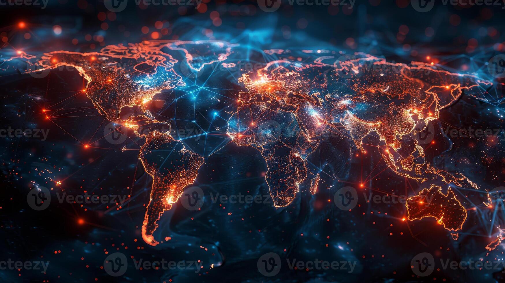 The world map is shown in red and blue photo