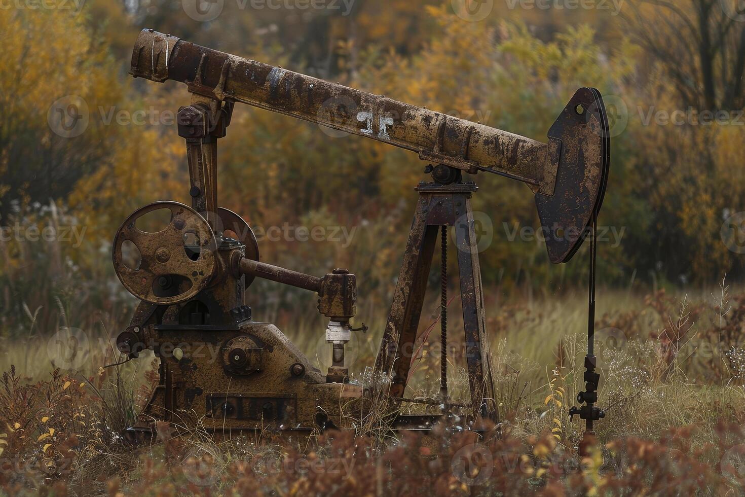 An old oil rig is sitting in a field with a lot of dead grass photo