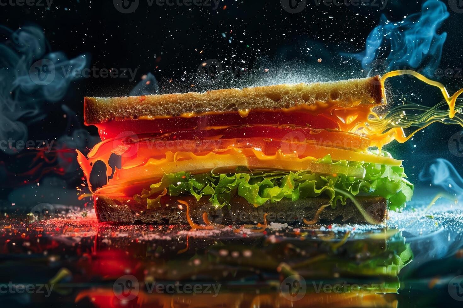 A sandwich with a lot of toppings and a lot of smoke coming out of it photo