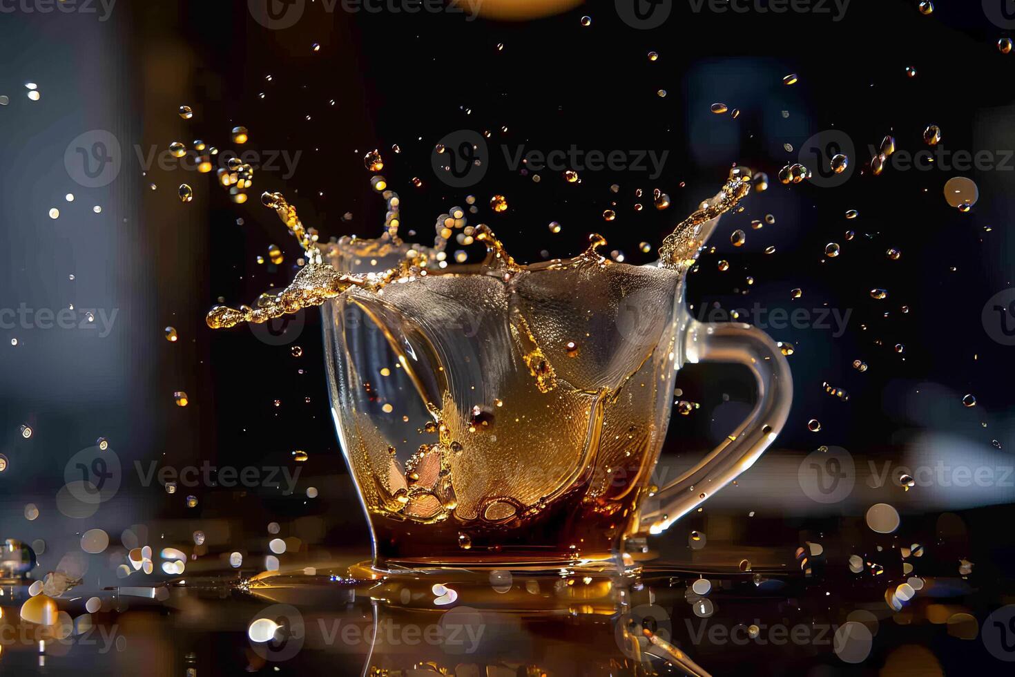 A cup of coffee is splashing water all over the table photo