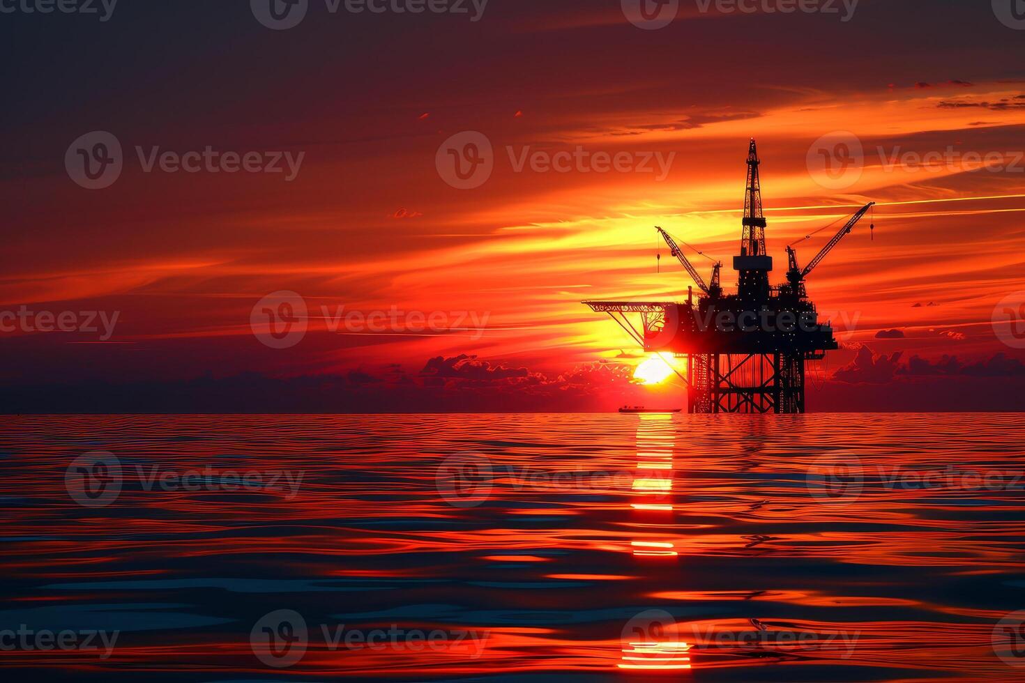 A large oil rig is floating in the ocean at sunset photo
