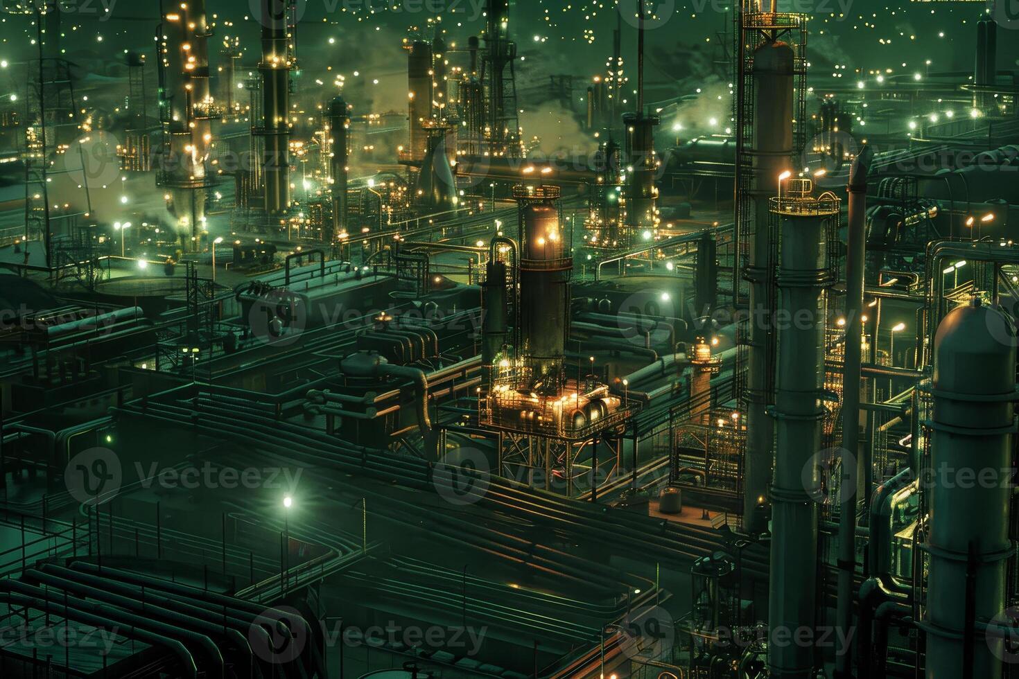 A cityscape with many industrial buildings lit up at night photo