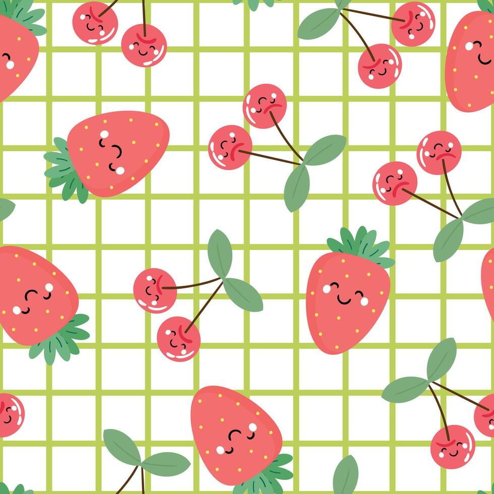 Seamless pattern with cute cartoon strawberries and cherry, for fabric prints, textiles, colorful gift wrapping paper for children, flat style vector