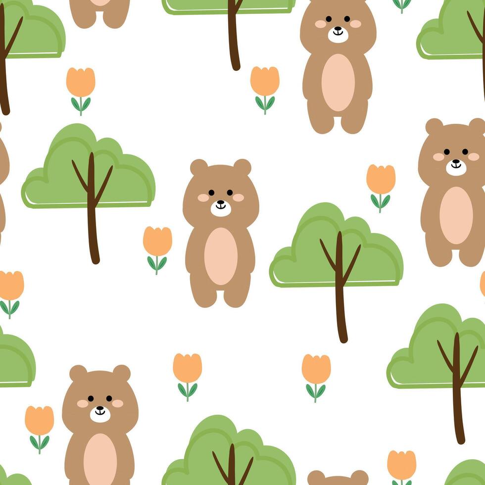 Seamless pattern with cute cartoon brown bears and tree, for fabric prints, textiles, gift wrapping paper. children's flat and colorful style vector