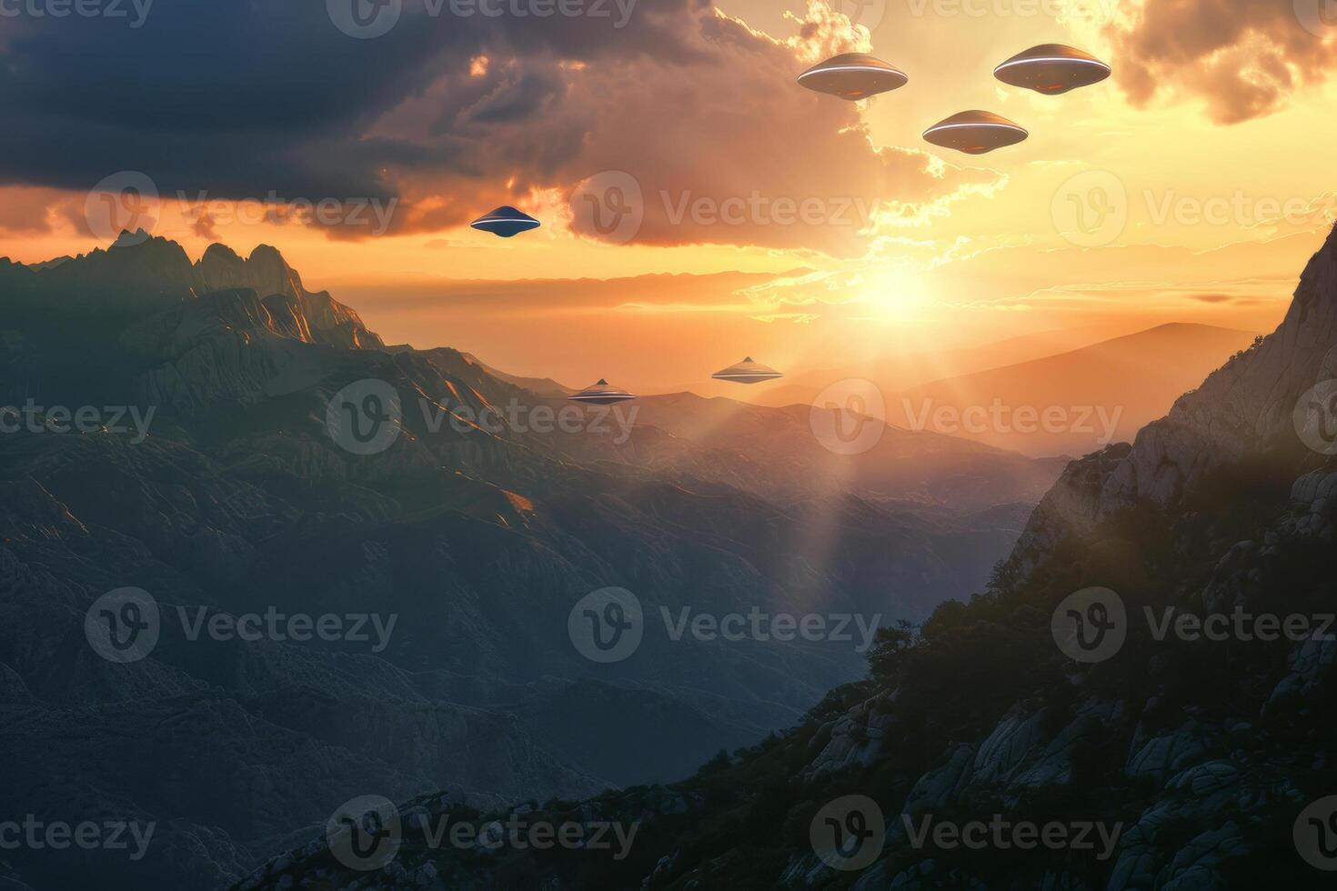 A group of alien spaceships flying over a mountain range at sunset photo