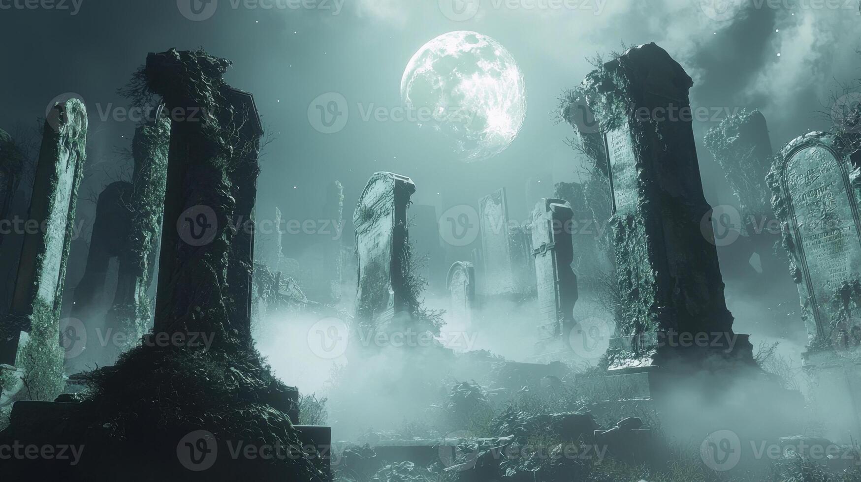Ancient tombstones rise from the mist in a haunting graveyard. A full moon illuminates the scene, creating an eerie atmosphere filled with shadows and mystery photo