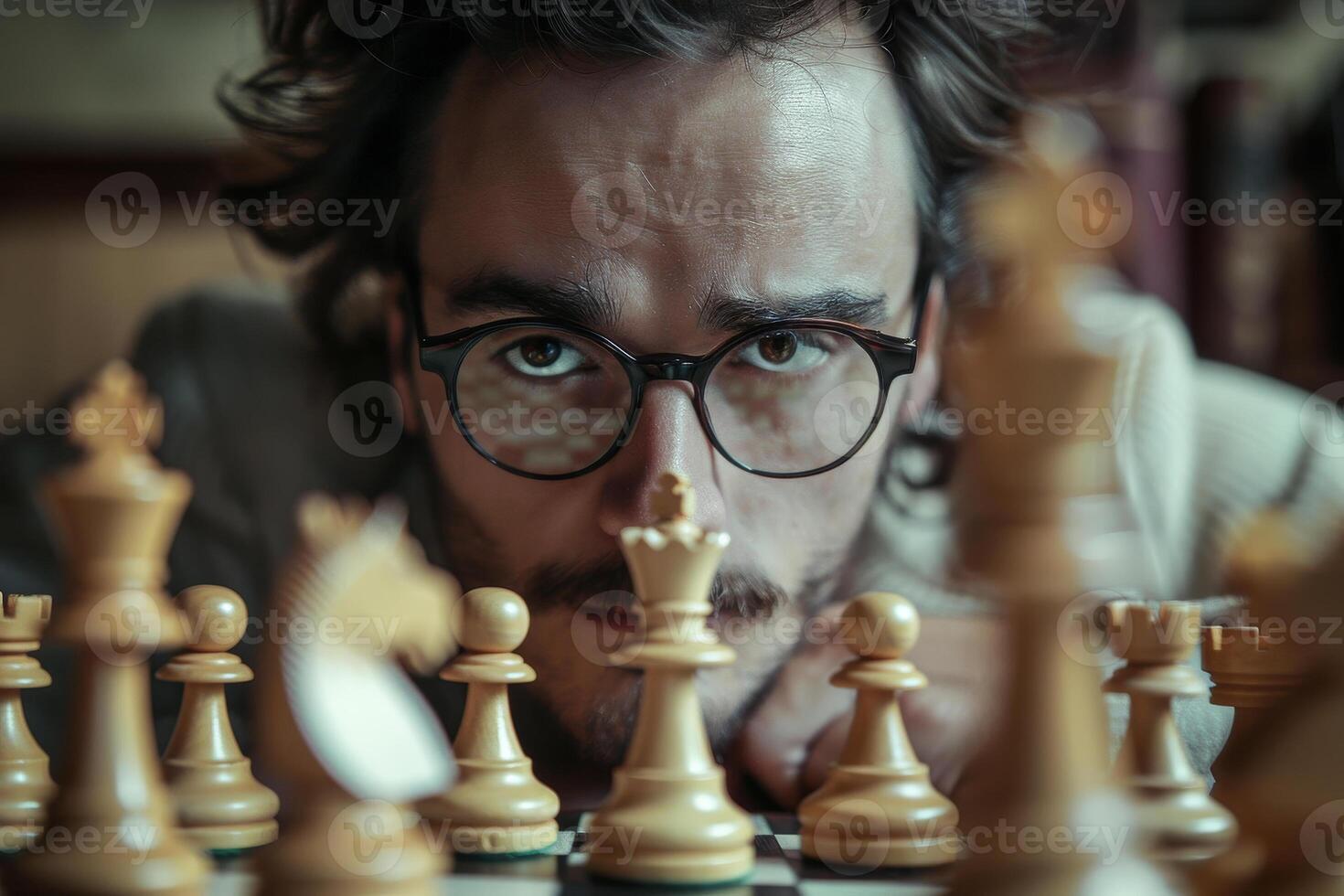 A man with glasses and a beard is playing chess photo