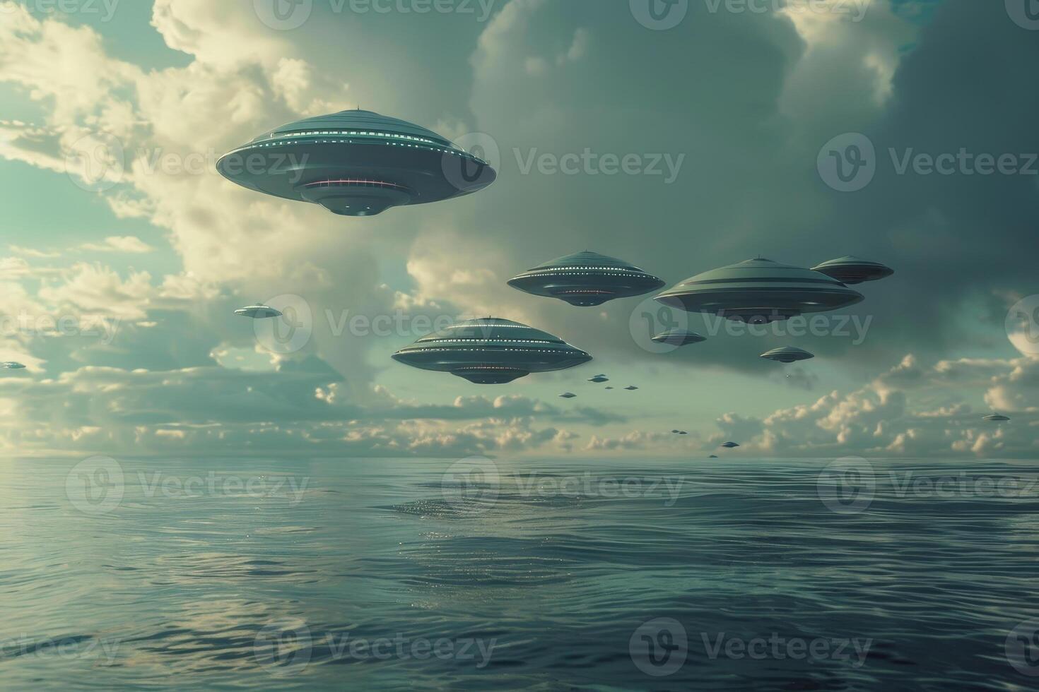 A group of space aliens are flying over the ocean photo