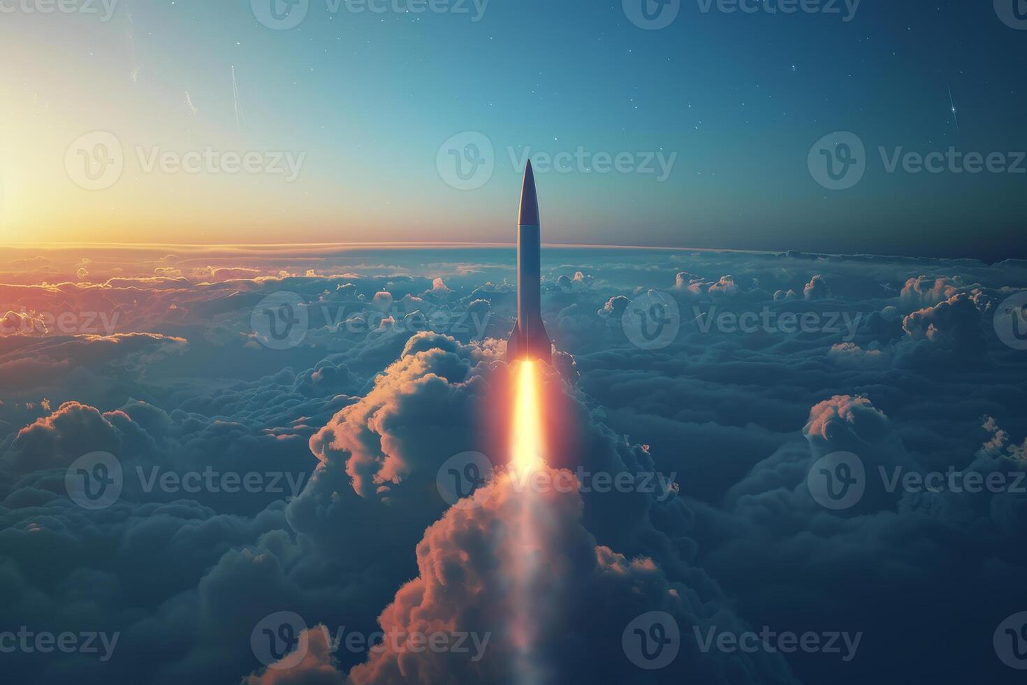 A rocket is flying through the clouds photo