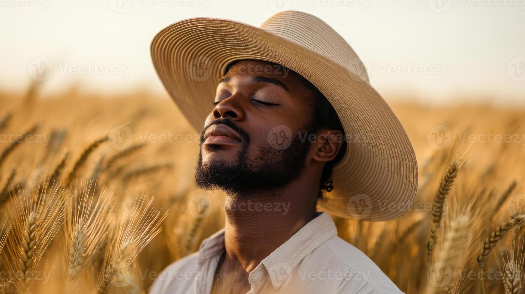 A man stands amidst a wheat field at sunset, wearing a straw hat. He closes his eyes, taking in the tranquility and beauty of the moment, surrounded by swaying golden stalks photo