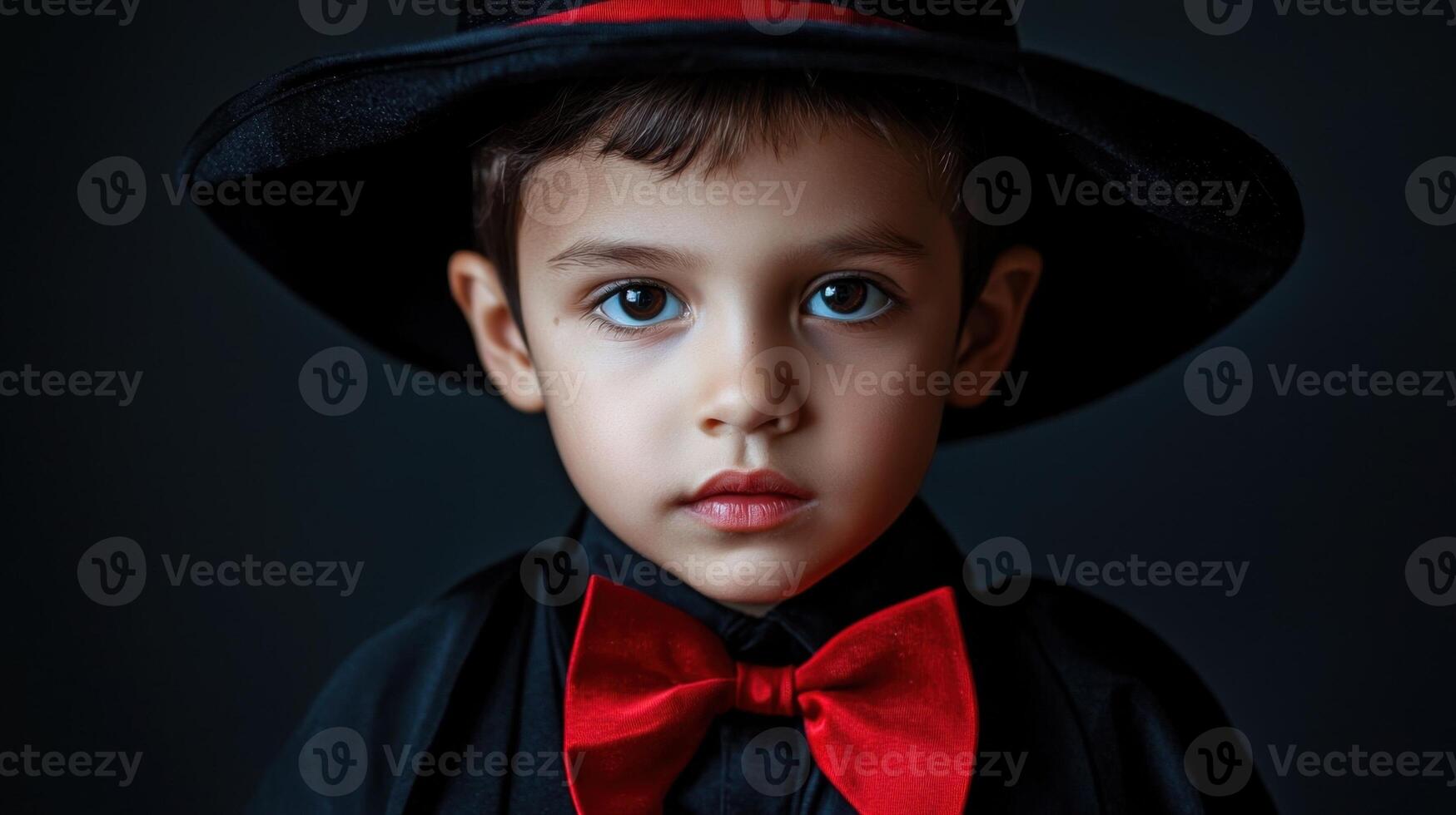 A young boy wearing a black hat and a red bow tie photo