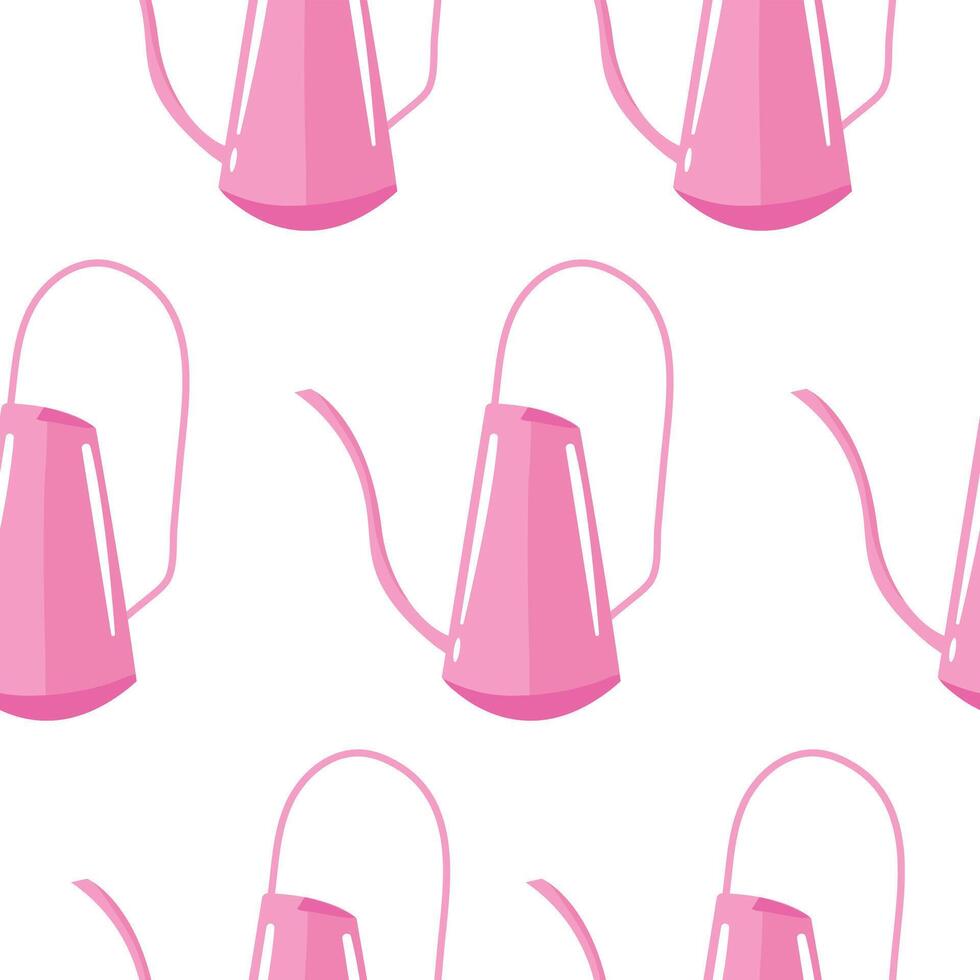 seamless pattern with watering cans, namely a pink watering can with a long, curved spout on a white background, for packaging or textile vector