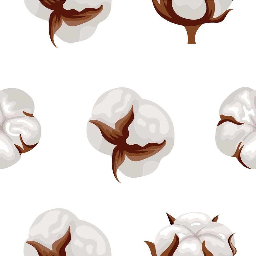 seamless floral pattern with various cotton flowers of cut shape and different appearance on white background, for packaging, poster or textile vector