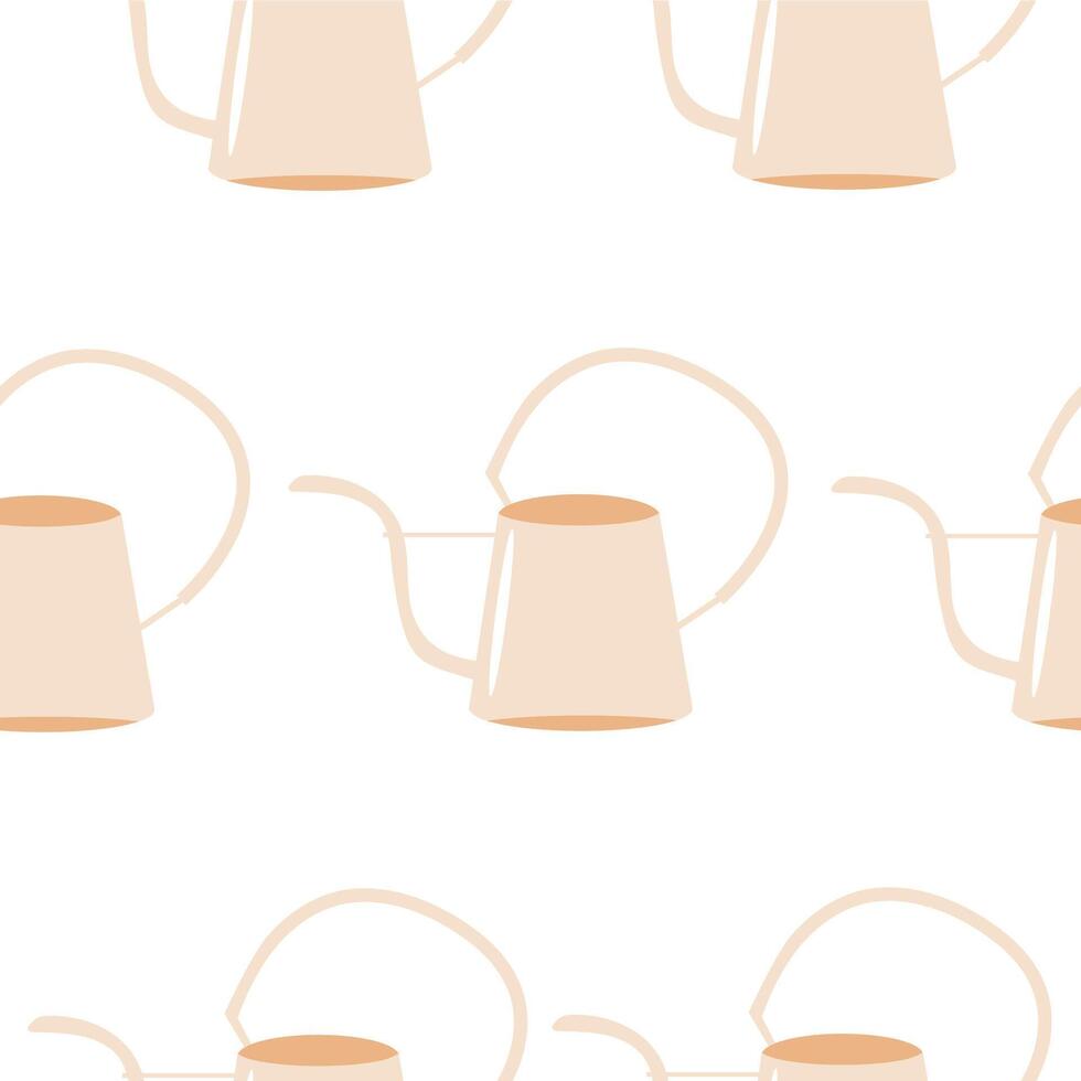 seamless pattern with watering cans, namely a yellow watering can with a long, curved spout on a white background, for packaging or textile vector